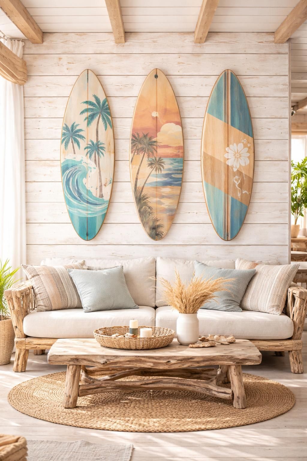 découvrez notre décoration surf et sports de glisse pour une maison de plage authentique, avec des planches murales originales et du mobilier en driftwood pour une ambiance naturelle et tendance.