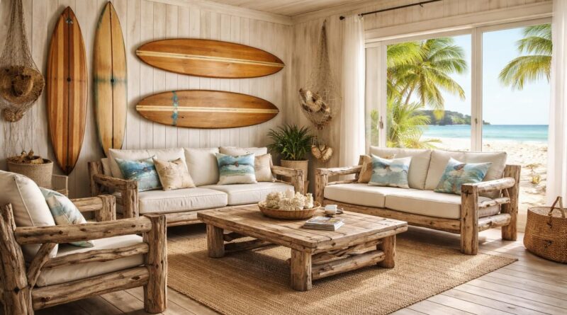 apportez une ambiance surf et sports de glisse à votre maison de plage avec nos planches murales uniques et mobilier en bois flotté. décoration authentique et naturelle pour un intérieur cosy et marin.
